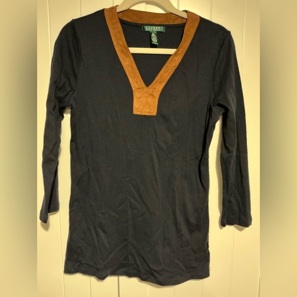 Ralph Lauren Black Top with Brown V-Neck - Picture 2 of 7